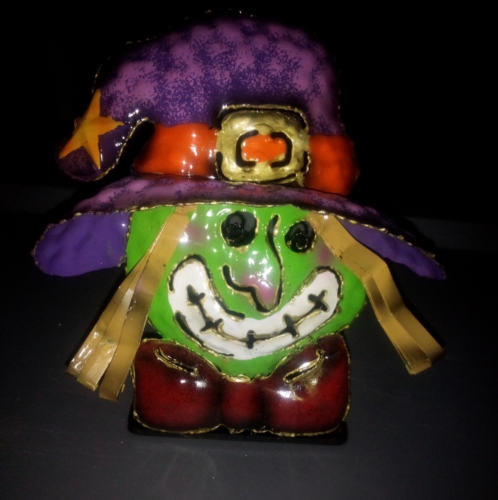 Cute colorful tin witch tea light holder